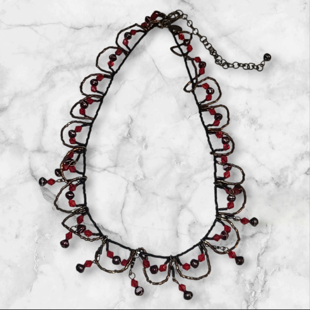 Chico's Vintage Festoon Necklace Red Black‎ Beads Antiqued Gold Tone